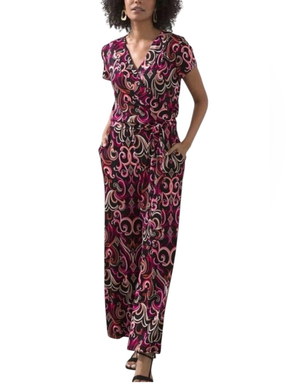 Chico's Travelers Boho Scroll Multicolor Pockets Wrinkle Free Jumpsuit 2P/12/14P